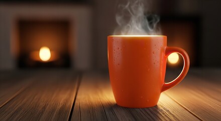 Fototapeta premium Steaming coffee mug on wooden table with fireplace in background