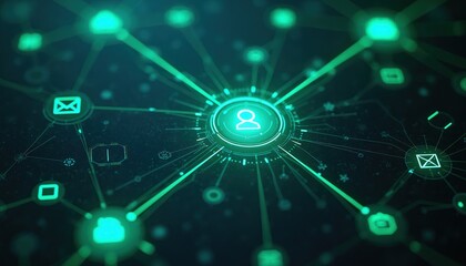Plakat Digital network connects user profiles mail cloud icons. Futuristic glowing system shows data nodes and connections. AI technology interface with information flow and analytics.