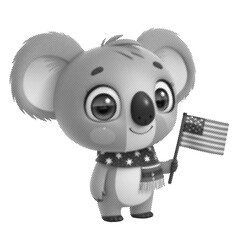 A charming black and white halftone illustration of a cute baby koala bear wearing a polka dot scarf and holding a small United States flag.