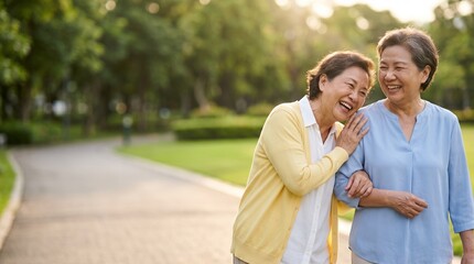 Fototapeta premium Happy senior women walking together and laughing in a park