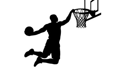 Silhouette basketball player dunking ball through hoop against white background , basketball player silhouette vector © Zunair