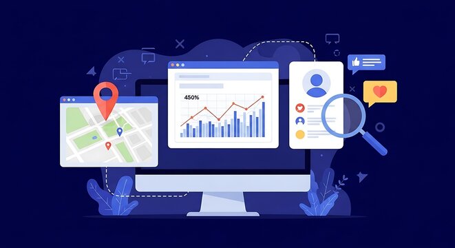 A person analyzes data on a computer screen with a map, graphs, and a magnifying glass, surrounded by digital icons, indicating online search and statistics.