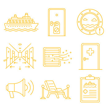 9 psc Cruise liner safety icons in yellow depicting health and alert symbols  