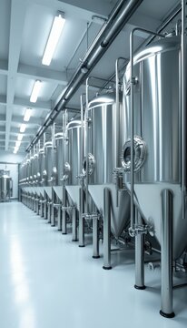 Shiny metal tanks line a sterile industrial room. Pipes and valves connect the large vats. Bright lights illuminate the clean, empty production space, suggesting manufacturing or brewing.