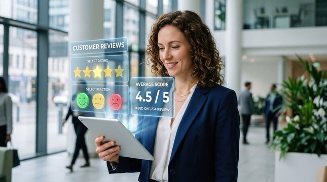 Customer reviews interface with five stars, smiling businesswoman holding tablet with digital feedback dashboard, online reputation management concept