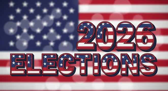 Graphic promoting the United States Midterm Election 2026 with patriotic American flag elements and a voting message.