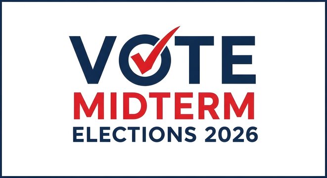 Graphic encouraging participation in the 2026 midterm elections with 'VOTE' and a checkmark.