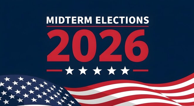 Midterm Elections 2026 graphic with American flag elements and stars.