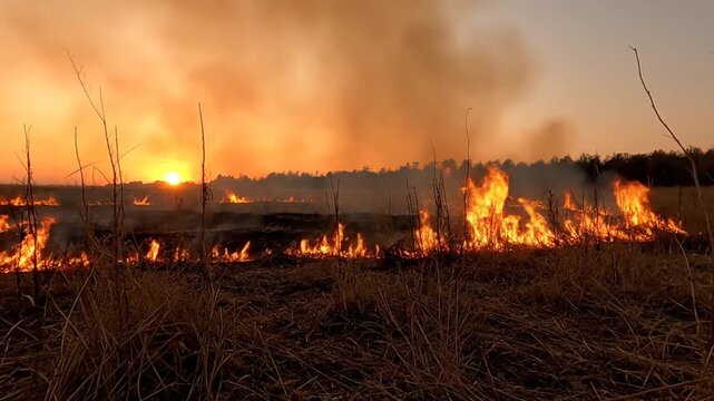 Wildfire burning in a prairie at sunset.