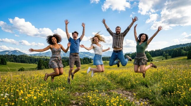 Group of Joyful Friends Jumping in Flower Field