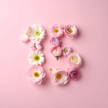 Flat lay of number 15 made of blooming pastel flowers on soft pink backdrop, delicate petals, clean minimal composition, spring summer aesthetic