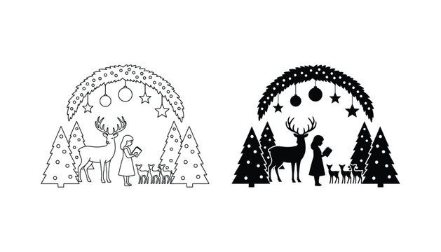 Christmas winter scene with deer and girl reading book under decorated pine trees and ornaments set featuring line art and solid black silhouette for seasonal holiday branding projects