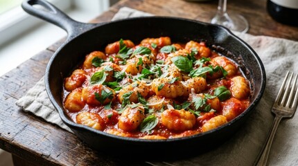 Fototapeta premium Skillet of Traditional Italian Gnocchi with Red Sauce and Herbs
