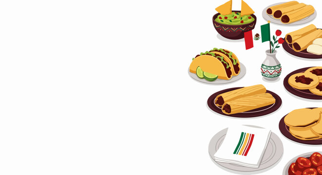 Mexican food vector illustration with tacos, guacamole, enchiladas, and pastries, festive celebration concept. for branding, packaging, banner, poster, website header, and social media design use