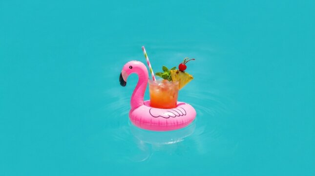 Flamingo Drink Float with Tropical Cocktail in Blue Water