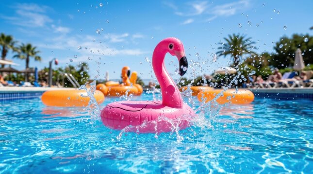 Large Pink Flamingo Inflatable Float in Swimming Pool