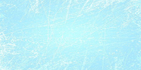 Scratched ice surface texture. Blue ice background with skate traces, cracks, scratches. Rough winter sport rink backdrop. Frozen lake or pond water wallpaper with dots, spot and lines. Eps10 © V_DotStudio