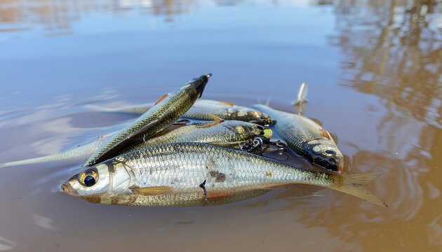 Freshly Caught Roach Fish Floating in Murky River Water, Outdoor Fishing Catch