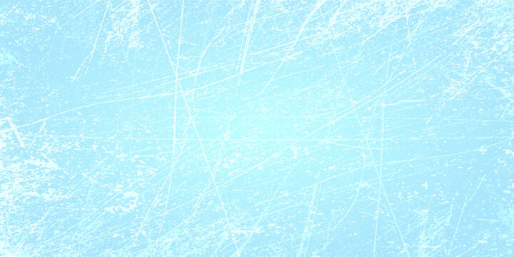 Scratched ice surface texture. Blue ice background with skate traces, cracks, scratches. Rough winter sport rink backdrop. Frozen lake or pond water wallpaper with dots, spot and lines. Eps10