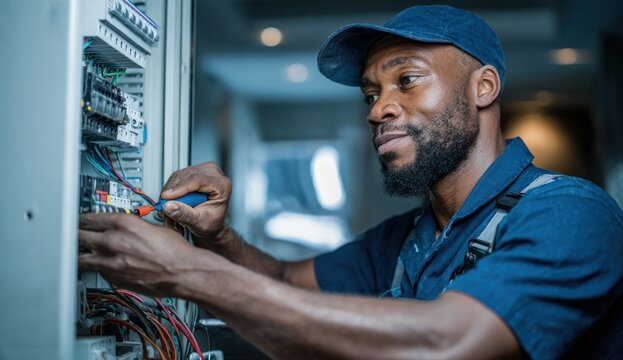Male technician in blue workwear and cap repairing or inspecting electrical control panel or circuit breaker box indoors