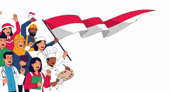 Celebration illustration with diverse group waving red and white flag. Happy multicultural crowd holding flag for festive event. Vector design for national holiday or patriotic campaign.