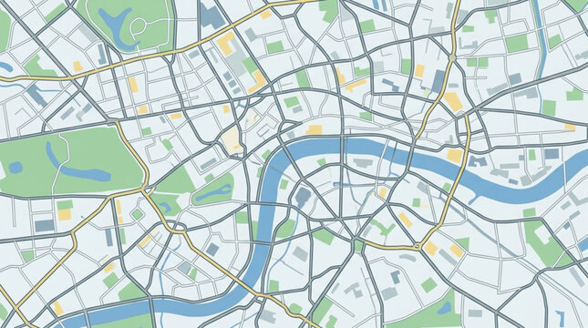 Detailed London City Map with River Thames and Transportation Lines.