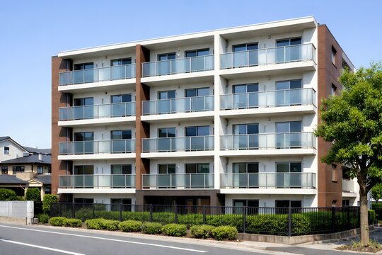 青空の下に建つバルコニーが整然と並んだモダンで清潔感のある低層マンションの外観写真