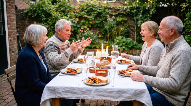 Elderly white mixed-gender friends sharing outdoor candlelit dinner in backyard garden with bread roasted vegetables and pitchers cozy convivial atmosphere