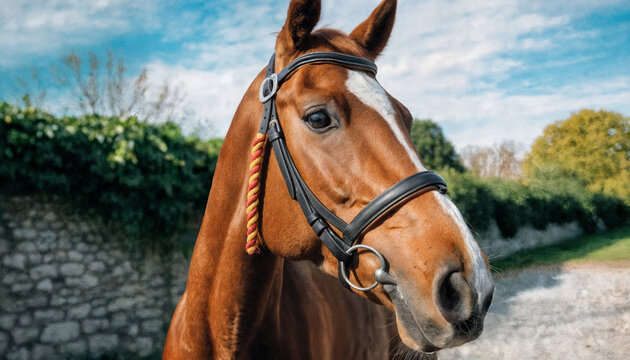 A close-up portrait of a chestnut horse wearing a bridle