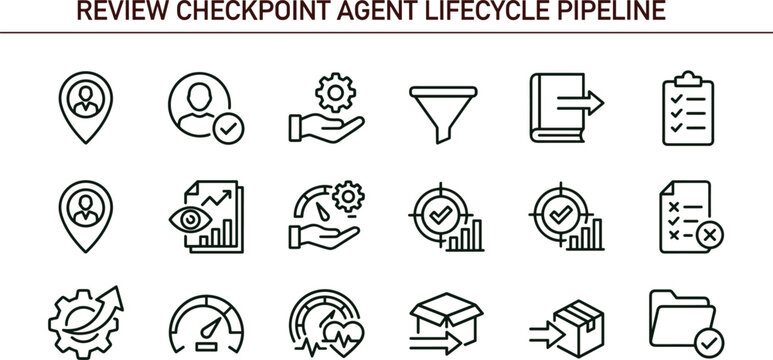 Review checkpoint agent lifecycle pipeline icon set for workflow validation and enterprise performance management systems