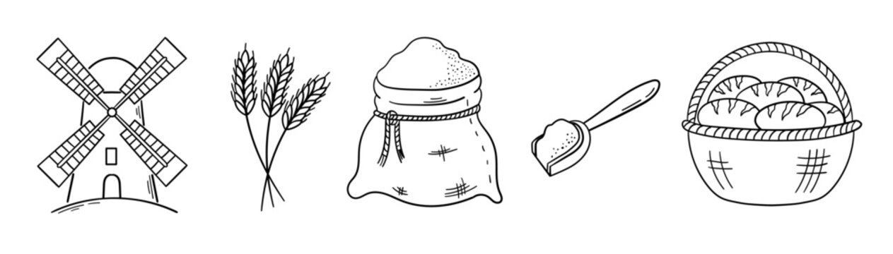 Bakery and Flour Production Hand Drawn Doodle Icon Set Windmill Wheat Flour Sack Bread Basket