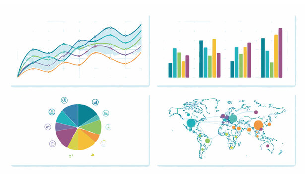 Modern business infographic vector set with charts graphs and world map no text design