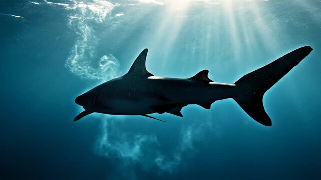 Majestic apex predator gracefully swims through sun-dappled sapphire ocean depths, its powerful silhouette illuminated by ethereal rays piercing the watery expanse, creating a breathtaking