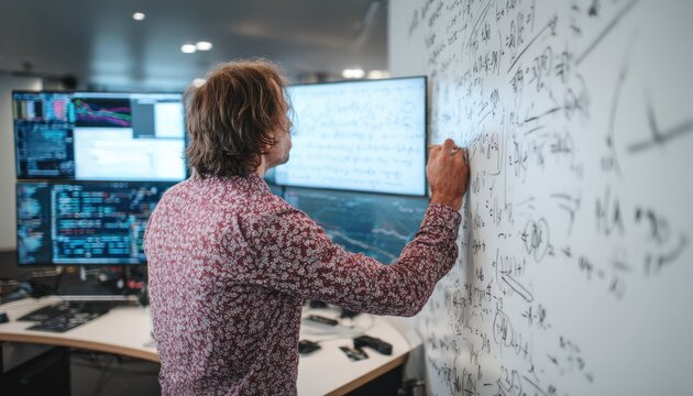 Man writing mathematical formulas on whiteboard in modern office setting