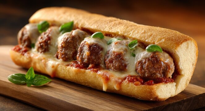 Meatball sub sandwich with melted cheese, tomato sauce, basil leaves, and toasted baguette bread