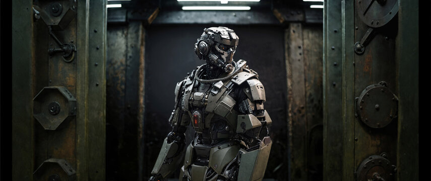 human in a combat suit or a humanoid android robot