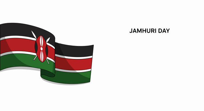 Jamhuri Day flag waving with black red green and white stripes. Celebration design featuring Kenyan national flag in dynamic motion.