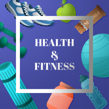 Health and fitness banner template with workout equipment and nutrition icons Active lifestyle background