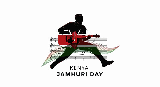 Kenya Jamhuri Day celebration with silhouette musician playing guitar on map background. Jamhuri Day graphic design features African flag colors and national pride.