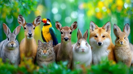 Fototapeta premium A delightful mix of animals stands shoulder to shoulder in a sunlit glade. Rabbits, deer, a fox, and a parrot share a joyful moment amidst lush greenery and radiant light, capturing harmony in nature