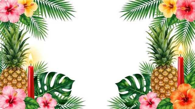 Tropical pineapples with flowers, and candles on white.