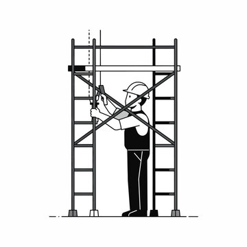 Worker on scaffolding in construction site.