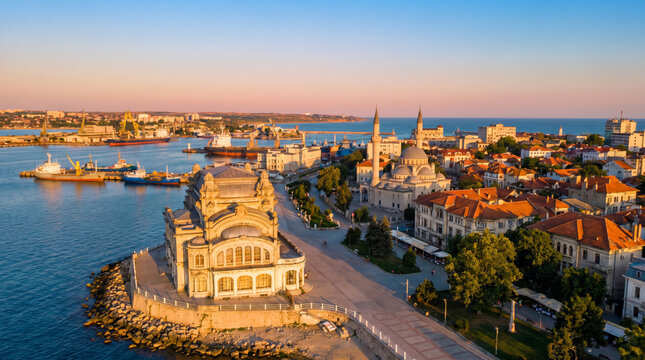 Panoramic aerial view of Constanta's historic waterfront with the Casino and bustling port at sunset.