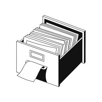 Isometric index card filing drawer with cards sticking out, document