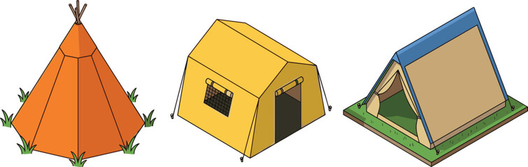 Isometric vector illustration set of different camping tent styles including orange tipi yellow cabin and blue A-frame tents © Manik