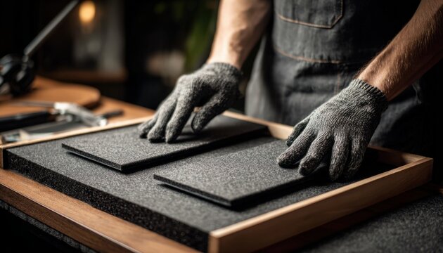 Person cutting black acoustic foam with scissors, crafting soundproof panels in workshop setting