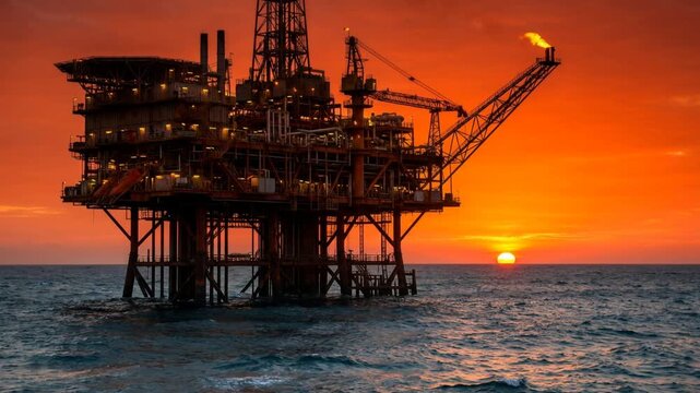 Offshore oil platform operating in open ocean, on sunset sky, natural gas energy production concept, 4K video