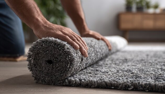Person laying gray carpet on plywood floor with hands adjusting carpet surface