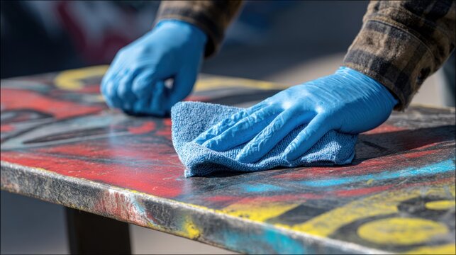 Person wearing blue gloves cleaning graffiti off a surface with a cloth or sponge