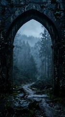 Obraz premium Gothic stone archway framing a misty pine forest, dark moody landscape with ancient ruins, mysterious foggy woodland path through a medieval gate